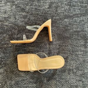 Clear strap, square toed heels from pretty little thing. Never worn